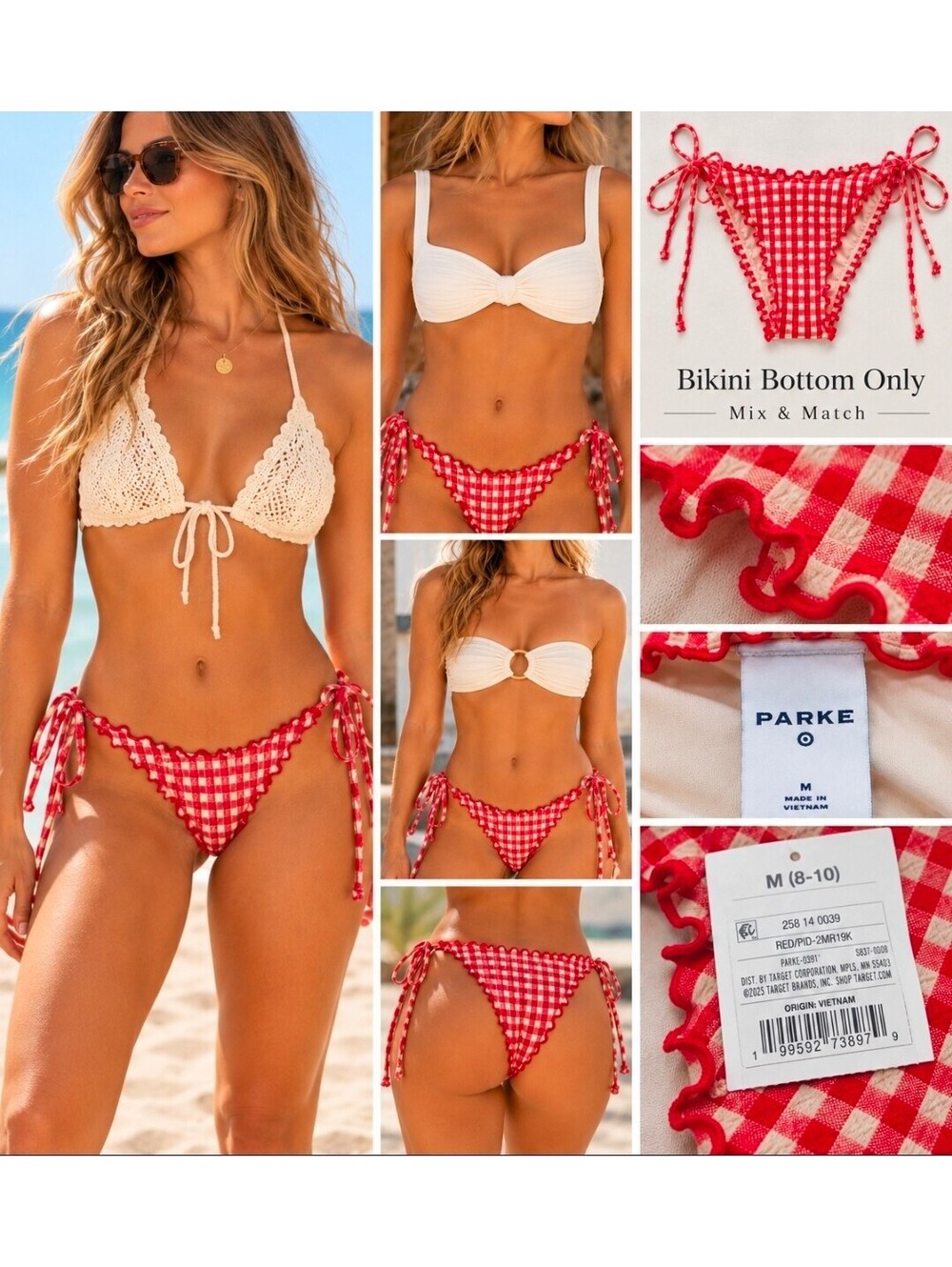 NWT Parke x Target Gingham String Bikini Bottom Women’s M Red White Ruffle